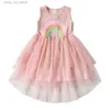 Flickans klänningar Vikita Girls Rainbow Sequined Appliced ​​Dress Kids Sleeveless Summer Dresses Girl Pink Princess Oregelbundet Mesh Tulle Party Dress T240415