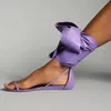 Roze blauwe zachte lederen clip teen deksel platte zomer sandalen vrouw enkel wrap veter butterfly knoop flats strandschoenen 240409