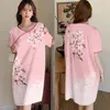 Mulheres femininas Mulheres impressas Nightdress de seda de gelo O-Gobes Nightgown Summer Summer Setin Lingerie vestido de vestido doméstico Loungewear