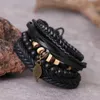 Andere armbanden daxi 4pcs/set verstelbare lederen geweven armbanden ingesteld voor man bronzen bladeren zwarte kralen armband vintage gothic sieraden cadeausl240415