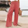 Kadın pantolon pamuk keten geniş bacak rahat gevşek katı ofis bayan pantolon vintage moda elastik bel büyük boy pantalon pantolon