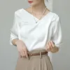 Camisas femininas de cetim Blouses Casual Solid Casual Spring Spring/Summer Cloths Moda de Moda Longa Mangas Longo Tops Branco 240407