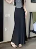Faldas de verano falda de satén 2024 seda larga de mujeres con cintura alta y delgada champán sólido coreano midi negro para mujeres