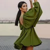 Office Sexy Low Cut Pleated Dresses Backless Lantern Sleeve Summer Dress Woman VNeck High Waist Casual ALine Green 240415