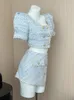 Elegante chique vintage tweed conjunta mulheres roupas de manga soprada de trespotas duplas de trespassados mini -saia assimétrica de duas peças 240410