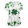 Women's T Shirts Women Shirt Short Sleeve V Neck Scrub Uniform Green Clover Print Nursing Top St. Patrick's Day Carers Healthcare