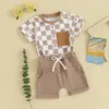 Kleidungssets Kleinkind Baby Jungen Kleidung Kurzarm karierte Baumdruck T-Shirt-Tops mit elastischer Taille Feste Farbshorts Freizeit Sommer