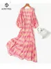 Vestidos de festa Birdtree Real Silk Silk Feminino Elegante Lanterna Manga Impressa Moda Ruffled Edge Dress 2024 Summer D43903QC