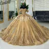 Złota z frezowania ramion sukni piłki quinceanera sukienki cekinowe aplikacje koronkowe gorset vestidos de 15 anos
