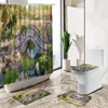 Shower Curtains Natural Park Scenery Trees Plants Stone Bridge Wooden Pavilion View Non-Slip Carpet Toilet Cover Floor Mat Sets