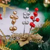 Decorative Flowers Artificial Holly Berry Branch Christmas 7 Head Red Gold Berries Stems Wreath Ornaments DIY Wedding Party Xmas Tree