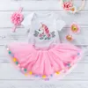 Girl Summer Baby Print Unicorn Short Sleeve Sweetheart Pink Rainbow Mesh Half Skirt Set