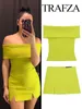 Work Dresses TRAFZA Women 2 Piece Set Solid Sexy Off Shoulders Pullover Tight Short Top Vintage Chic Slim Back Zipper High Waist Mini Skirts