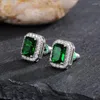 Boucles d'oreilles mignons carré femelle émeraude cristal vert mode 925 mariage en argent sterling double pour les femmes