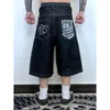 Bolsos de hip hop bordando letra de jeans shorts para homens verão retro de tamanho largo largo jeans joelho calças 240329