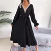 Casual Dresses 2024 Women Spring Summer V Neck Lace Up High Waist Ruffle Edge Long Dress For Ladies Solid A Line Sleeve Smocked