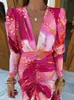 Elegant Tye Die Print Pleated Bodycon Maxi Dres Vintage Long Sleeve Vneck Aline Dresses 2024 Ladies Holiday Party Robes 240419