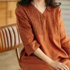 Women Summer Casual Dress Arrival Vintage Style Vneck Solid Color Loose Female Cotton Linen Long Dresses B3334 240415