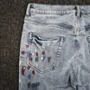 Heren jeans paarse high street verf vervaagde indigo reparatie laag stijgende magere vernietigingswas druppel fabrieksprijs