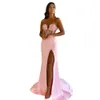 2024 Roze sexy zeemeermin prom jurken Sweetheart illusie zijde split -kanten appliques kristallen kralen avondjurken formele jurk sweep trein 0513