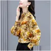 Womens Blouses Shirts Spring Autumn Stand Collar Blouse Vintage Printed Clothing Spliced Long Sleeve Fashion Folds Pearl Beading Loose Dhbfd