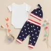 Kledingsets Baby Boys Outfit Letters Print korte mouw Romper Stars broek en hoed babykleding 4 juli