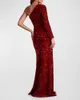 Party Dresses Women's Moderate Stretch One Shoulder Sequins Wine Red Evening Dress Long Sleeved Mermaid Formal Dinner Winter Elega