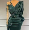 Элегантные бисера -хрустальные кружевные аппликация русалка вечерние платья с длинными v шея полные рукава зеленые атласные женщины