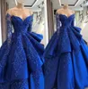 Royal Blue Satin Quinceanera Princess Dresses Long Sleeve Brodery Pärled Layered Ball Gown Sweep Train Evening Gowns1626740