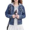 Women's Jackets Short Jean Jacket Women Collar Girl Boyfriend Denim Chest Pocket Slant Chic Style Removable Hooded Jeans Coats Outerwear