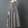 Summer WomenS Loose Fashion For Women Big Code Girl Japanese Style Linen Long Sleeve Checked Dress Boho Beach Maxi Sundress 240415