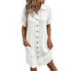 Casual Dresses Two Side Pockets Dress Stylish Knee-length Midi With Turn-down Collar Short Sleeves Pocket Solid Color For Women