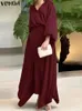 فساتين العمل Vonda 2024 Fashion Summer Women Vintage Dismal Dress Sets Long Sleeve 2PCS V-Deace Solid Color Tops Lourds Tops Elegant