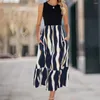 Casual Dresses Summer Women Dress Tight Waist Patchwork O Neck Sleeveless Printed A-line Loose Hem Vest Type Vacation Lady Midi