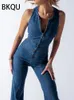 Bkqu Backless Heart Cutout Bodycon Suit pour femmes Summer Blue Sans manches Slim One-Piece Tenues Retro Denim Jumps Contanes 240408