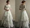 Vintage Half Sleeves Wedding Dresses Scoop Neck Appliqued Beaded Tiered Organza Floor Length country Beach Wedding Gowns Lace Up