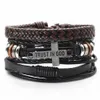 Andra armband 3 datorer/set läderarmband män armband för kvinnor trä pärlor fjäder förtroende i gud kors charm homme gåva smycken fritt fraktl240415