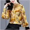 Womens Blouses Shirts Spring Autumn Stand Collar Blouse Vintage Printed Clothing Spliced Long Sleeve Fashion Folds Pearl Beading Loose Dhbfd