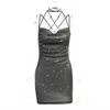 Casual Dresses Sparkling Pink Open Back Strap Dress Sexy Women's Short Skir