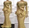 Gold African Mermaid Evening Dresses Glittering Sequined Long Hleeves Big Bow Satin Peplum Prom Party Gowns Plus Size Arabic ASO E5971607