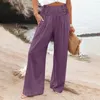 Women's Pants Women Wide Leg Summer Casual High Waisted Palazzo Baggy Beach Trousers Button Down Elastic Floor Length Flare