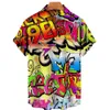 Graffiti tingindo harajuku de verão masculino camisa havaiana de colar fino e respirável de manga curta 240415