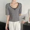 Women's Knits & Tees designer Gaoding 2024 Early Spring New U-neck Youth Leisure Stripe Triangle Decoration Slim Fit Versatile Short Sleeve T-shirt for Women UE4B