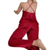 cute 2-piece pajamas set satin silk cross backless cami tops elastic band wide legs long pants for women