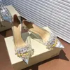 Klänningskor 2024 Fashion Silver Rhinestone Bow Sandaler för Womentransparent Women's Mid Heels Stiletto Sexy Bridal Party Wedding