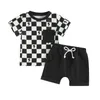 Kleidungssets Kleinkind Baby Jungen Kleidung Kurzarm karierte Baumdruck T-Shirt-Tops mit elastischer Taille Feste Farbshorts Freizeit Sommer