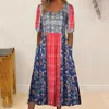 Casual Dresses Lady Dress Bohemian Ethnic Print Midi med sidofickor veckade A-Line Hem Women's Summer Daily Wear in Soft Round