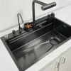 أحواض المطبخ 304 شلال الفولاذ المقاوم للصدأ فتحة واحدة كبيرة واحدة متكاملة شاشة رقمية الصنبور مجموعة الصاب