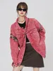 Siri Pink Stitching Plus Size Denim Jacket Female Spring and Autumn American High Street Sweet Cool Retro Tooling Jacket Hipster 240329