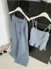 Summer Women Korean Fashion Denim Gyaru Tenues Pantalons 2 pièces Set Ruffles Halter Top High Waited Long Long Jeans 240415